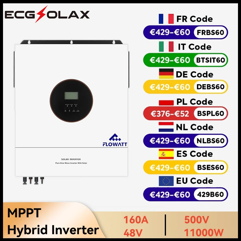 

ECGSOLAX 11 кВт солнечный гибридный инвертор 11000 Вт гибридный солнечный инвертор BMS 230 В переменного тока 48 В с двойным входом MPPT 160A контроллер зарядки