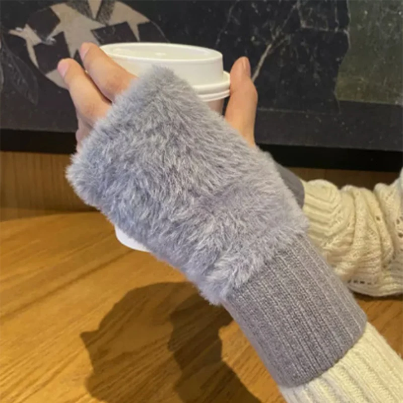 2024 Half Finger Gloves New Mink Fleece  for Women\'s Soft Winter Warmth Luxury Solid Color Plush Knitted Fingerless Gloves