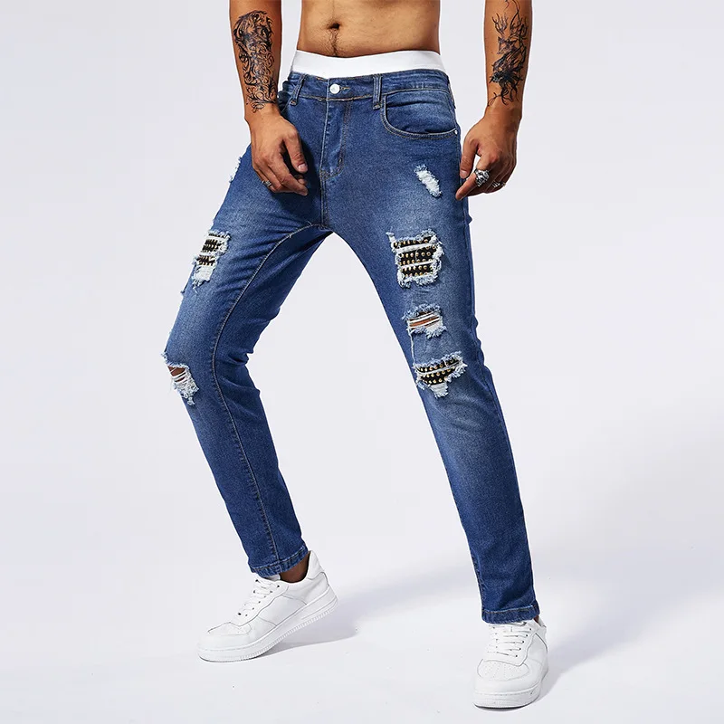 Men's Blue Stretch Straight Slim Ripped Jeans