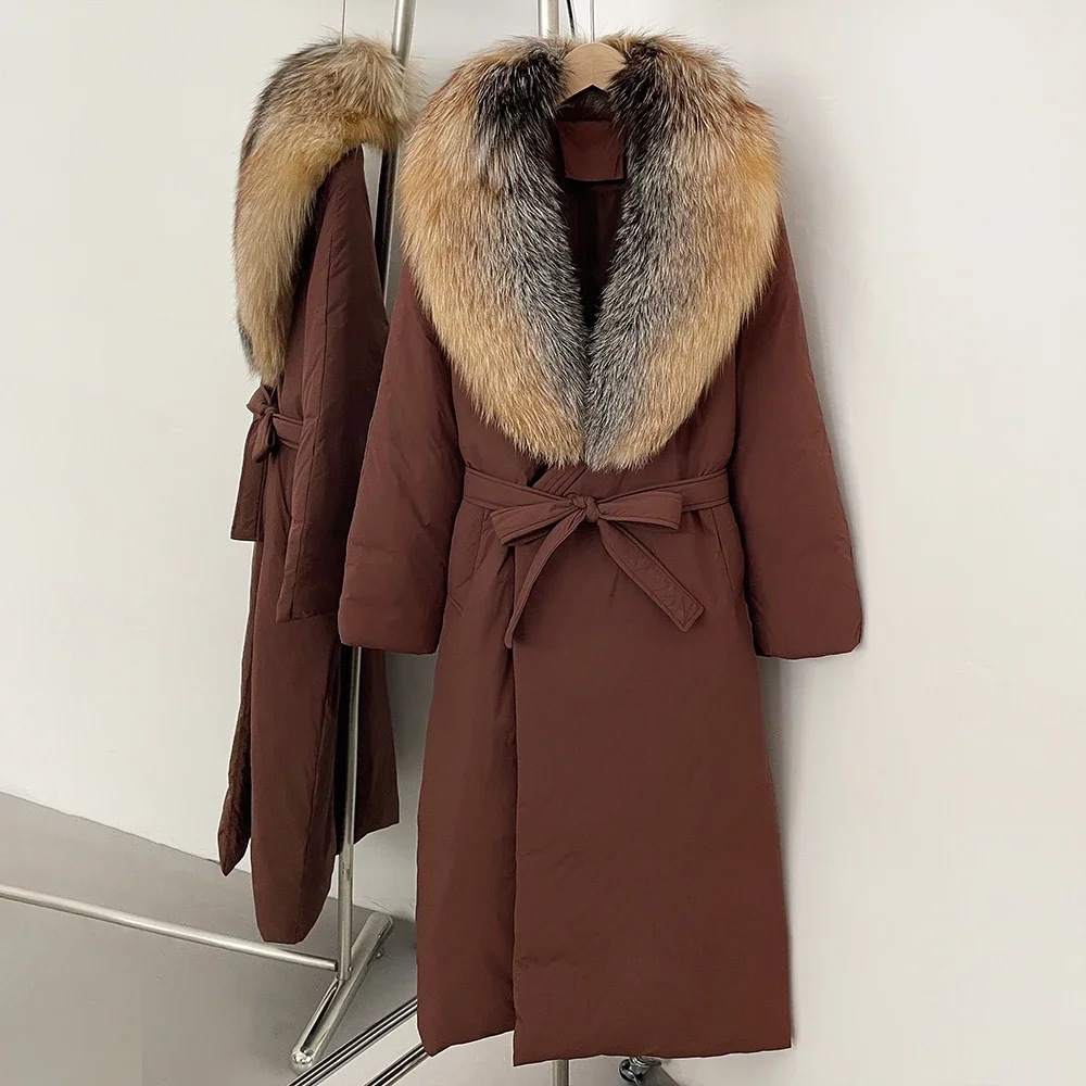Femmes nouveau hiver blanc canard vers le bas manteau épaissi vraie fourrure veste femme réel col de fourrure de renard moelleux chaud longue doudoune