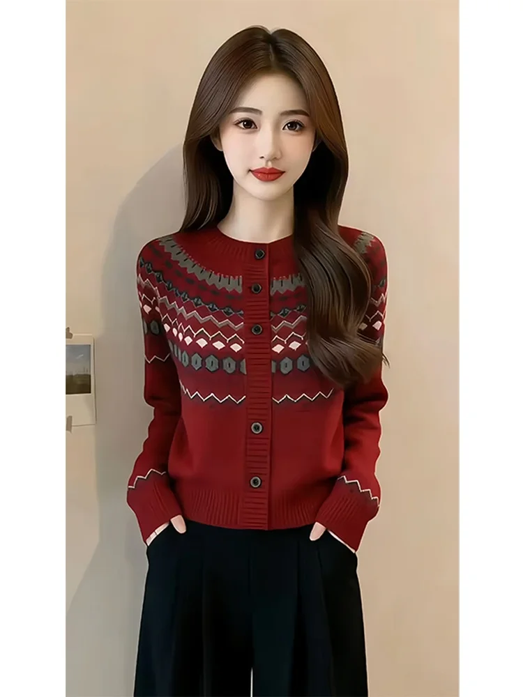 

Красный кардиган с узором Fair Isle, женский, свободный, повседневный, весна-осень, новинка, удобный, вязаный, короткий жакет