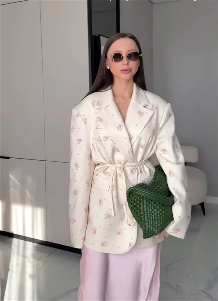 แฟชั่นผู้หญิงดอกไม้พิมพ์BlazerเอวปิดTurn-Down Collar Lace Up Coats 2025 ฤดูใบไม้ร่วงใหม่Elegant Chic Tops Outwear