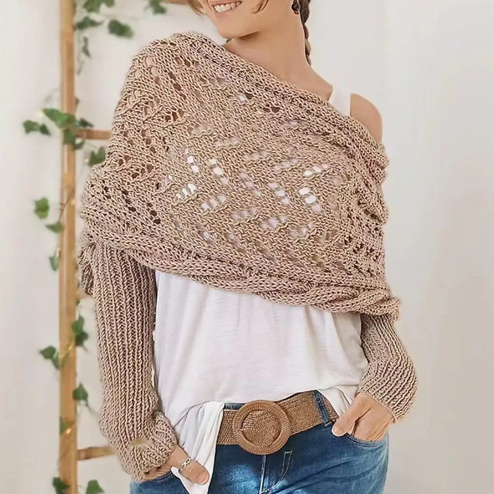 Senhoras sólido malha xale com mangas compridas elegante macio quente curto topo feminino outono inverno à prova de frio elástico malha envoltório cachecóis