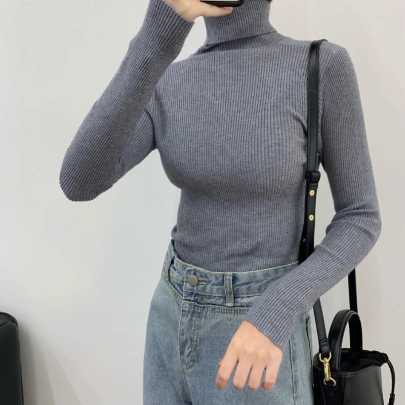 JMPRS Soft Women Pullover Sweater Elastic Long Sleeve Knitted Jumper Fall Turtleneck Black Black New 2023 Sueter Mujer