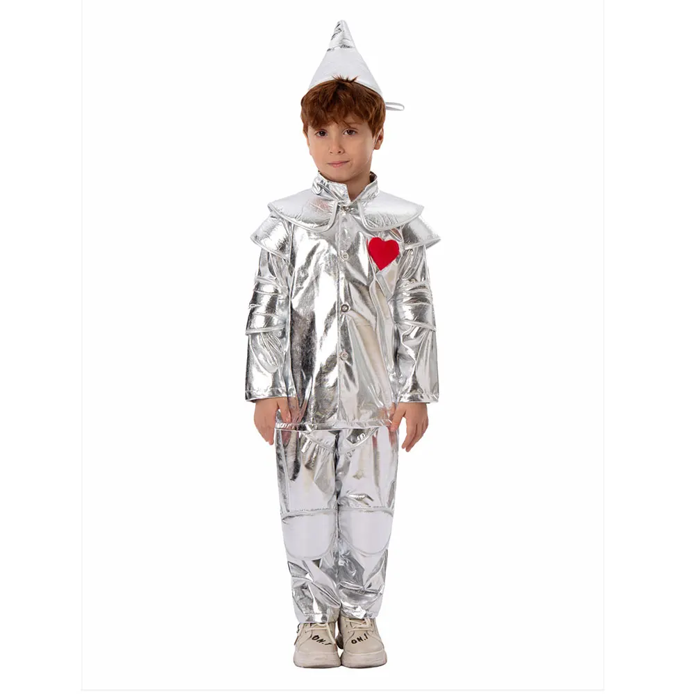 Umorden 2024 New Silver Tin Man Costume for Kids Children Boys Girls 3pcs/set With Heart 3-10Y Halloween Purim Party Fancy Dress