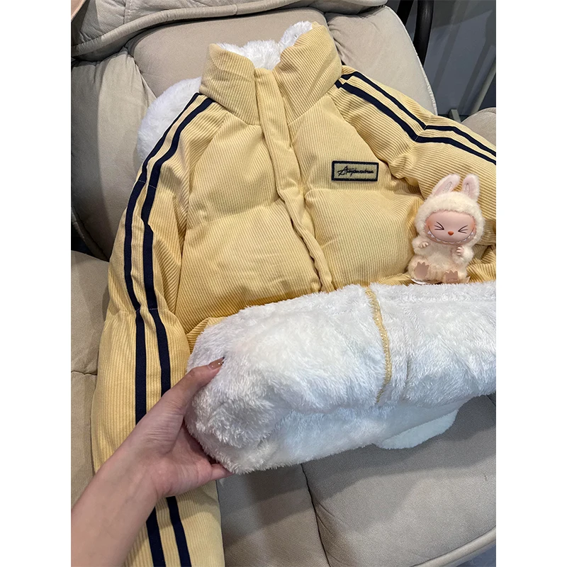 

Утепленная вельветовая куртка с мехом ягненка и хлопковой подкладкой для мужчин, зимняя теплая куртка с воротником-стойкой, в полоску, с флисовой подкладкой, повседневная молодежная верхняя одежда