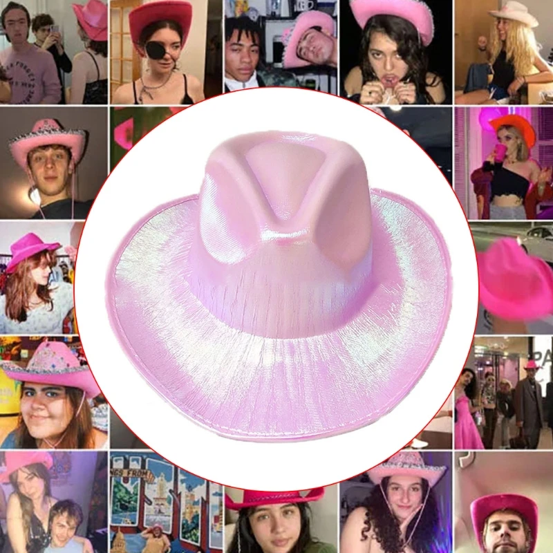 Sombrero de vaquero neón brillante Space, gorro holográfico metálico divertido para fiesta, discoteca, vestido de vaquero rosa brillante