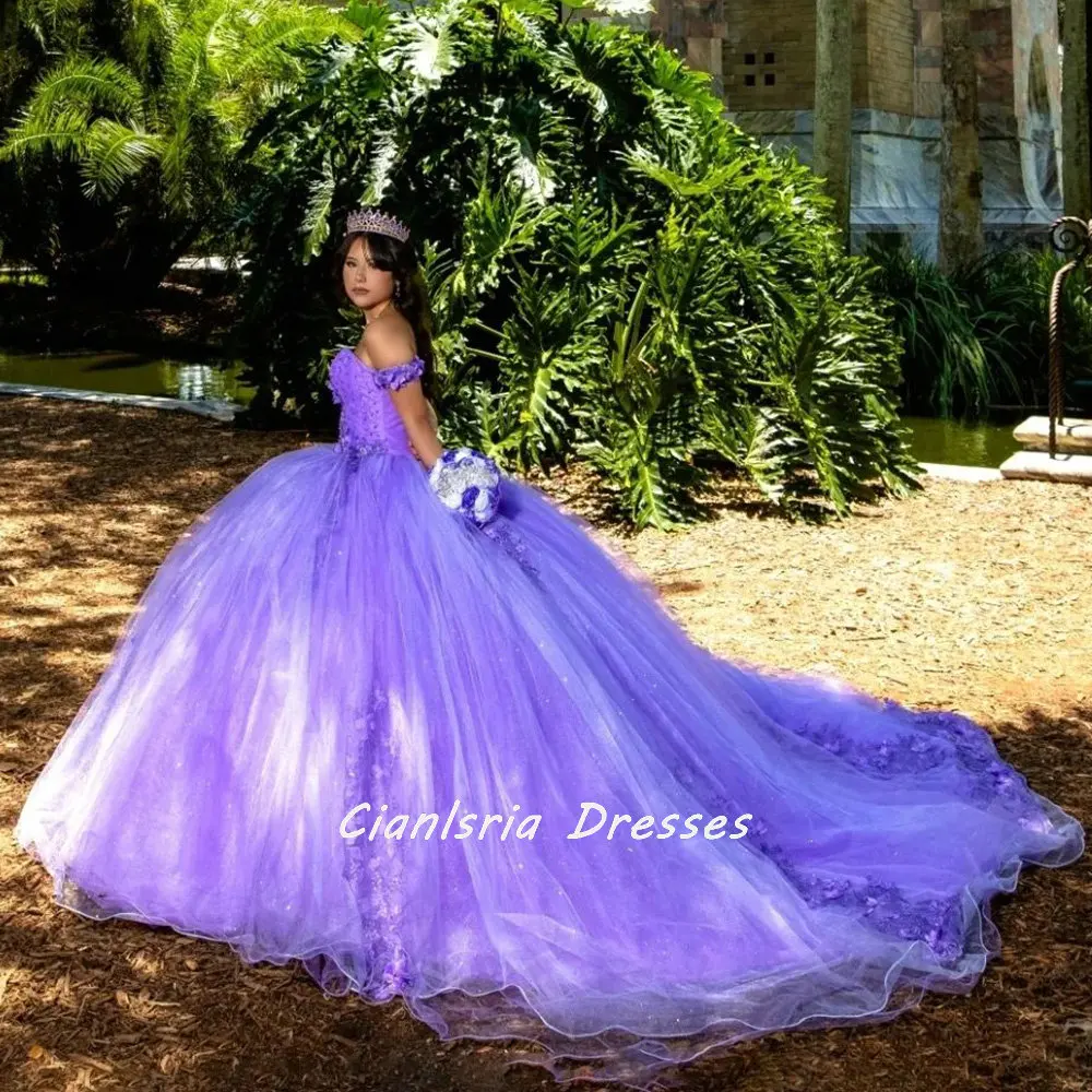 Сиреневое блестящее Хрустальное милое платье Quinceanera, бальное платье с 3D цветочной аппликацией, кружевное милое платье 15 лет