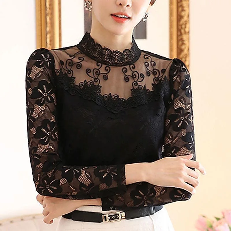 New plus Size Women's Long Sleeve Fleece Lined Lace Base Shirt Autumn Winter Warm Chiffon Top Elegant Style Bottoming Blouse