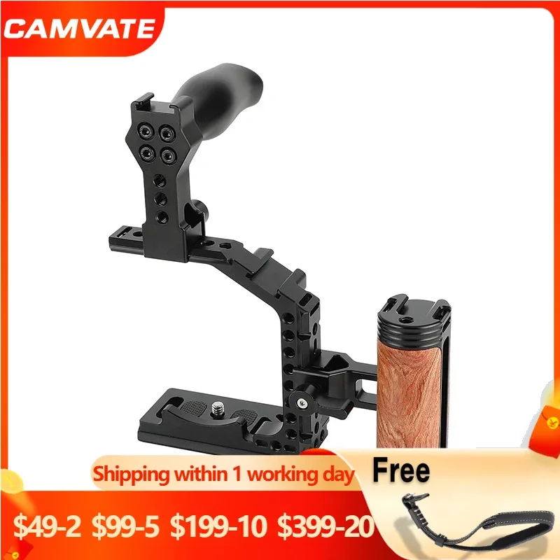 

CAMVATE A7M4 Camera Cage Rig with QR NATO-Compatible Wooden Handgrip and Top Handle with Cold Shoe Mount for Sony Alpha 7 IV