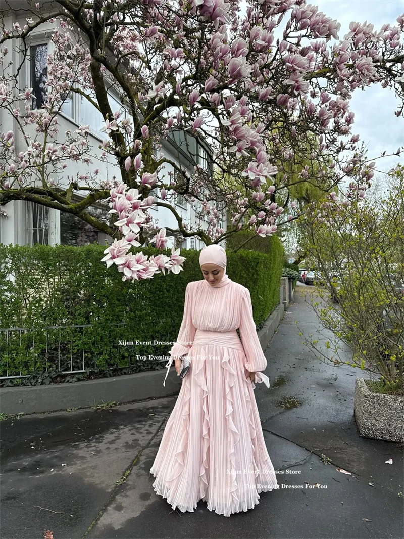Xijun Elegant Pink Long Evening Dresses Ruffles A-Line Pleated Formal Prom Dresses Floor Length Dubai Muslin Prom Gown Customize