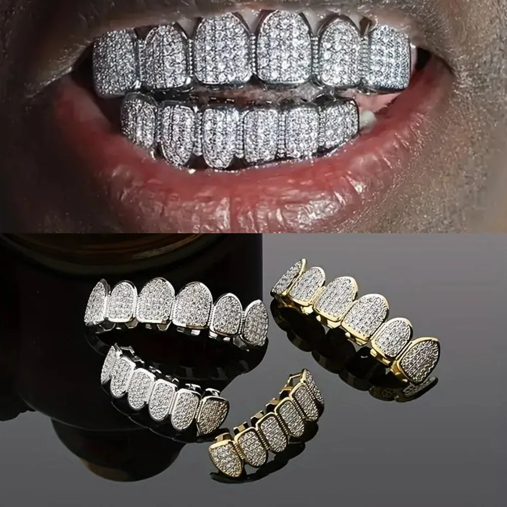 Grillz Dentales Personalizados de Cobertura Total con Piedras Brillantes - Accesorios Dentales Hip Hop en Oro y Plata