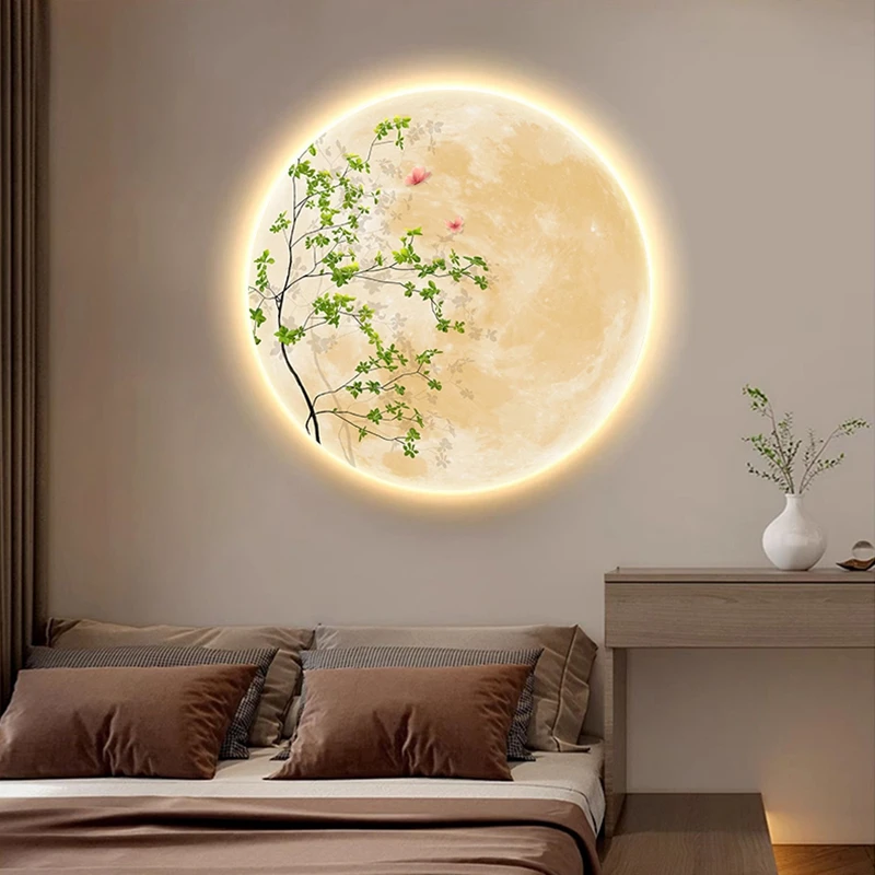 Moon Green Plants Living Room Decorative Painting Entrance Corridor Aisle LED Mural Wabi Sabi Wind Bedroom Bedside A