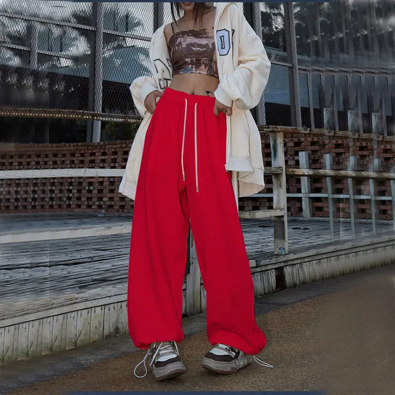 Streetwear Vintage Elastic High Waist Wide Leg Pants Women Solid All-match Fashion Straight Hip Hop Loose Dance Sports Trousers