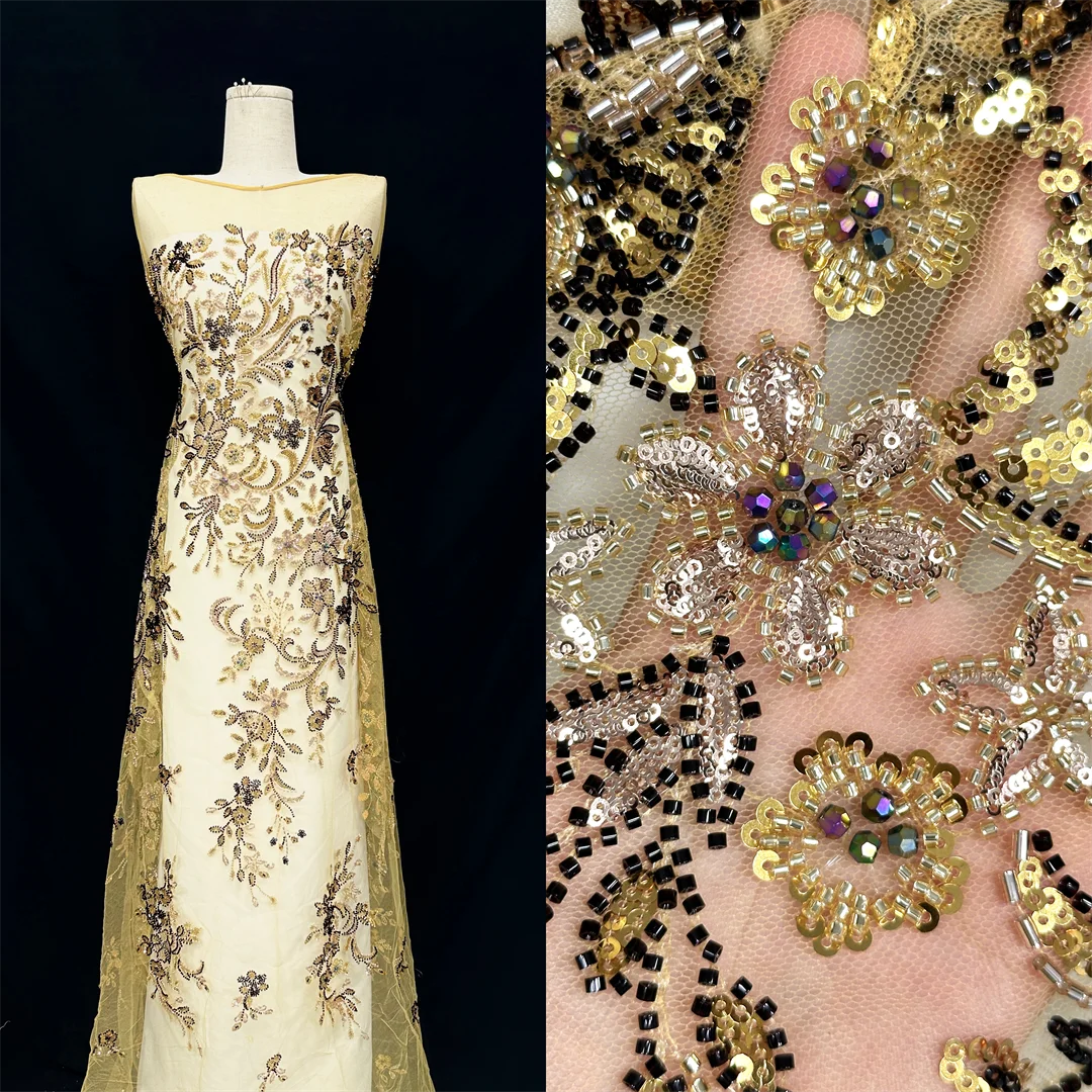 

Новейшая желтая сетчатая ткань, европейская цветочная вышивка, бисер и блестки, элегантный тюль, сетка, высокое качество, свадебное платье для шитья ткани