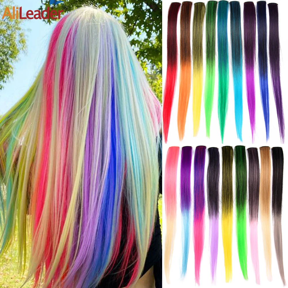 

Synthetic Hair Extensions With One Clip Heat Resistant Rainbow Hair Piece For Kid Women Long Straight Style Colorful Hair 20Inch