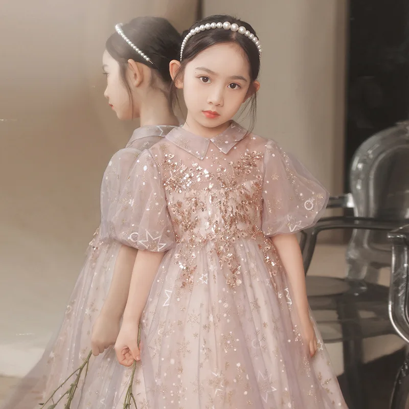 Girls Birthday Dress Puffy Gauze Princess Dress Children Flower Girl Wedding Little Girl Light Purple Piano Performance Costume
