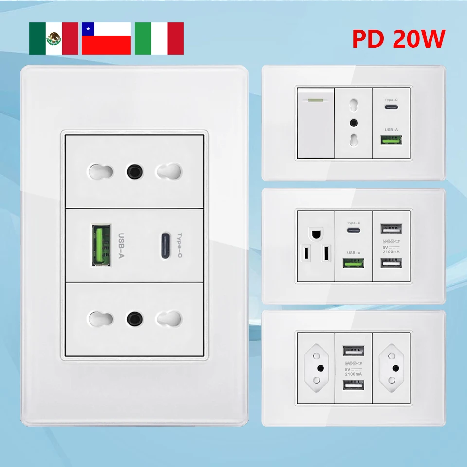 

Italy Chile Socket with Smart Usb Type C 20W,US Brazil Thai Plug Fast Charging Wall USB C Power Outlet Glass Light Switch Panel