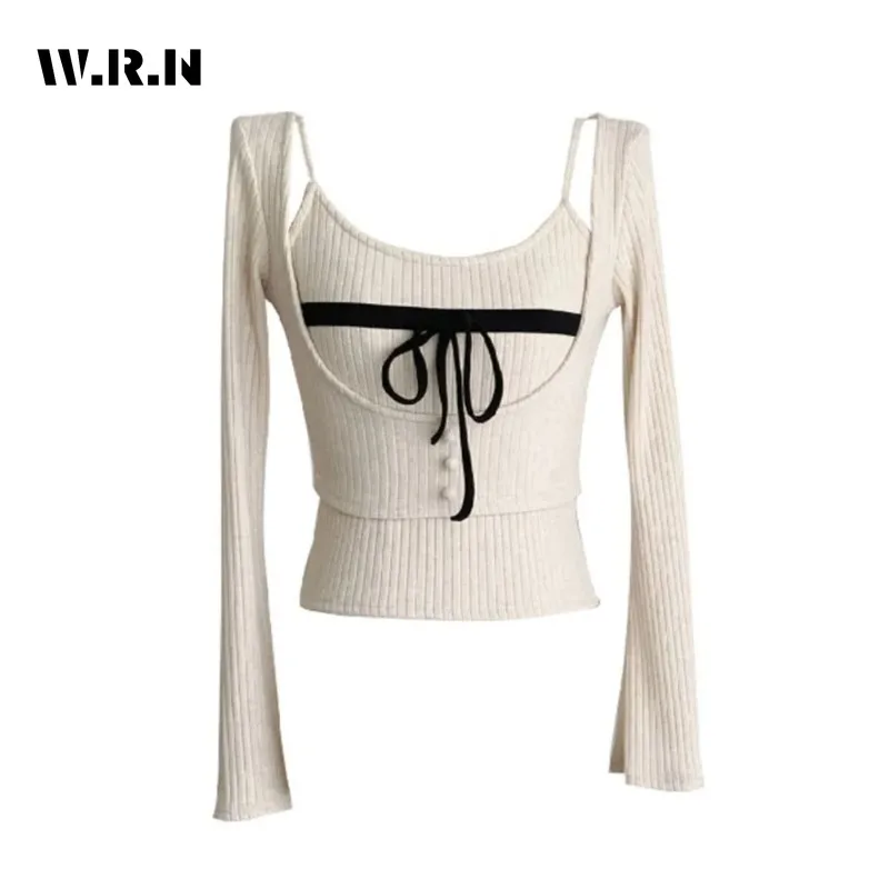 Women Korean Fashion Coquette Two Piece Sets Cropped Sweater Pullovers Top Jumper Design Gyaru Knitwears 2000s Tide Fall Winter