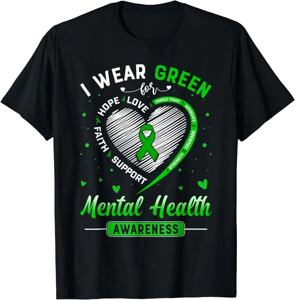 Heart I Wear Green For Mental Health Awareness Month T-Shirt  High Quality 100%Cotton Short Sleeve