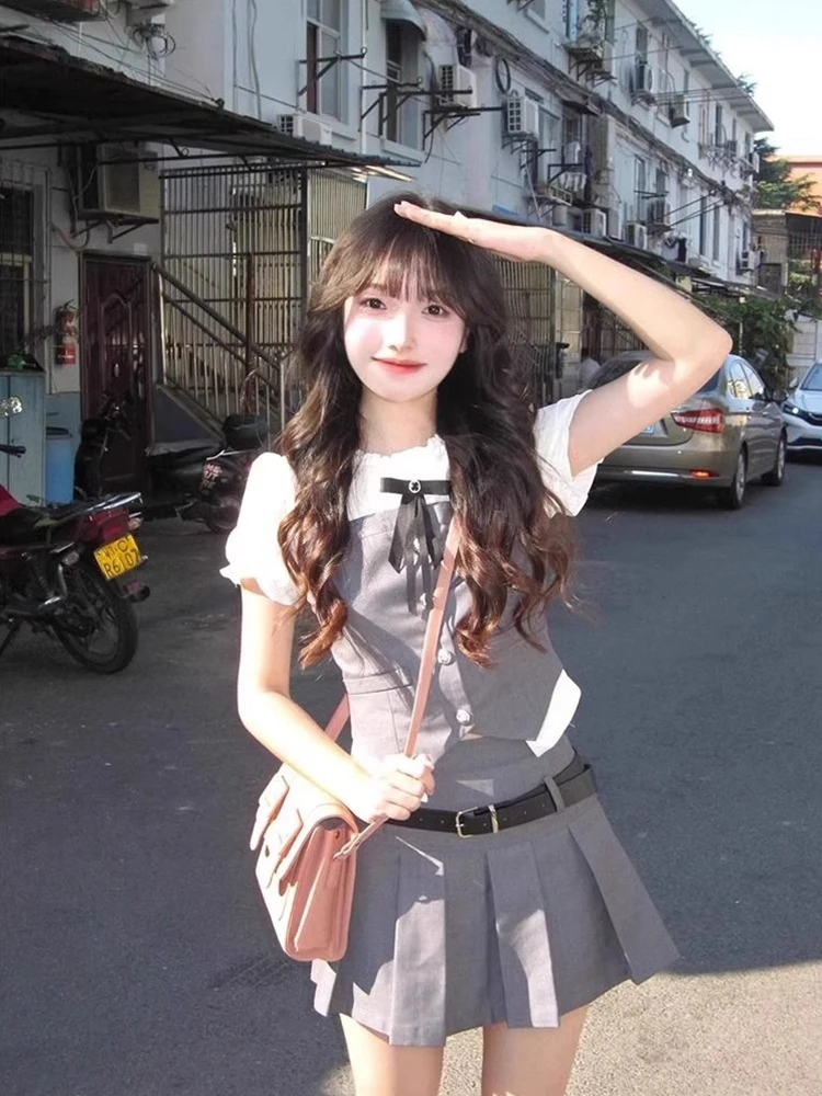 

American Retro College Sweet Cool Girl Summer Short Sleeve Shirt And Skirt Set High Waist Pleated Dress Fashionable Ense...
