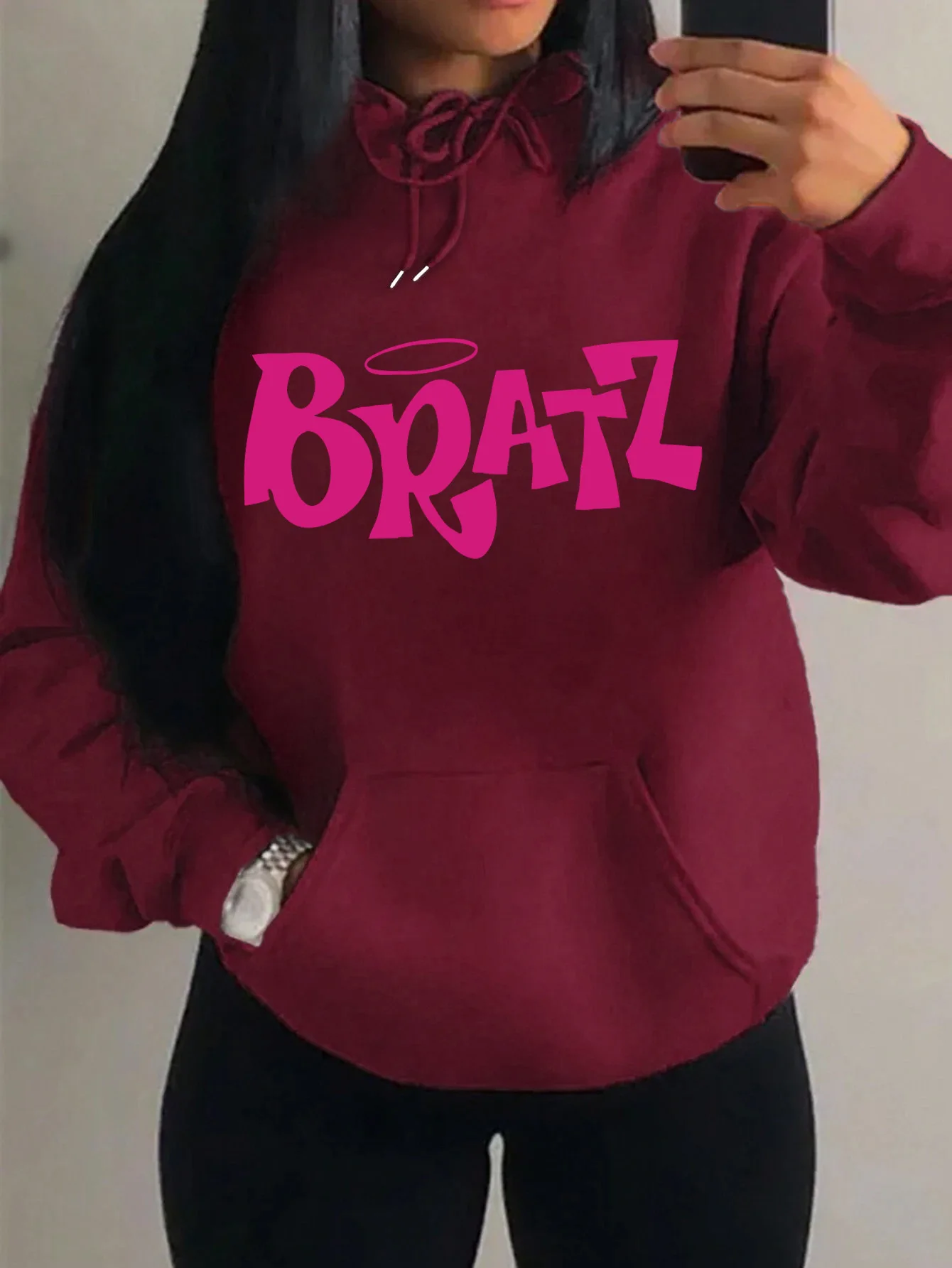 Newly Printed Letter Graphic Women's Hooded Sweatshirt with Creative Pockets for Street Casual Wear in Multiple Colors - Fall St
