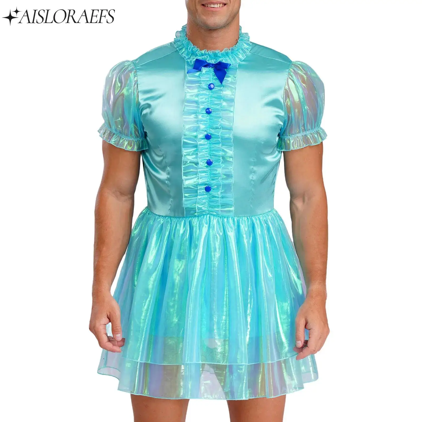

Mens Sissy Maid Ruffled Dress for Halloween Fancy Dress Cosplay Puff Sleeve Bow Sparkly Puffy Dress Lockable Crossdress Costume
