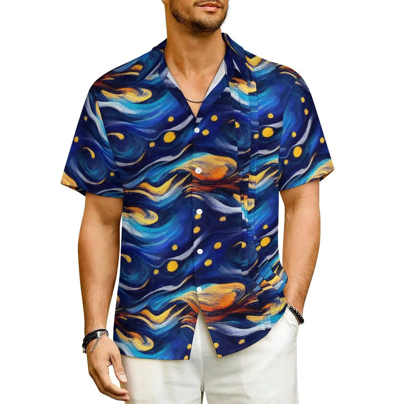 Blue Starry Night Beach Shirt Male Funny Famous Painting Cool Casual Shirts Hawaii Short-Sleeved Y2K Oversized Blouses Gift Idea