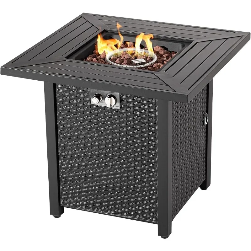 Propane Fire Pit Table 28-inch 40,000 BTU Imitation Wicker Square Glass Top Fire Table, Rain Cover Gas Smokeless Fire Pit