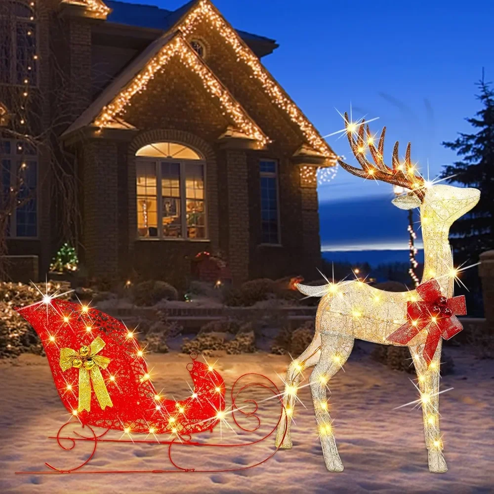 

Christmas Yard Decoration, 4 FT 120 LEDs Pre-lit 3D Reindeer & Sleigh Outdoor Decorations, Warm White Light Up Glittered