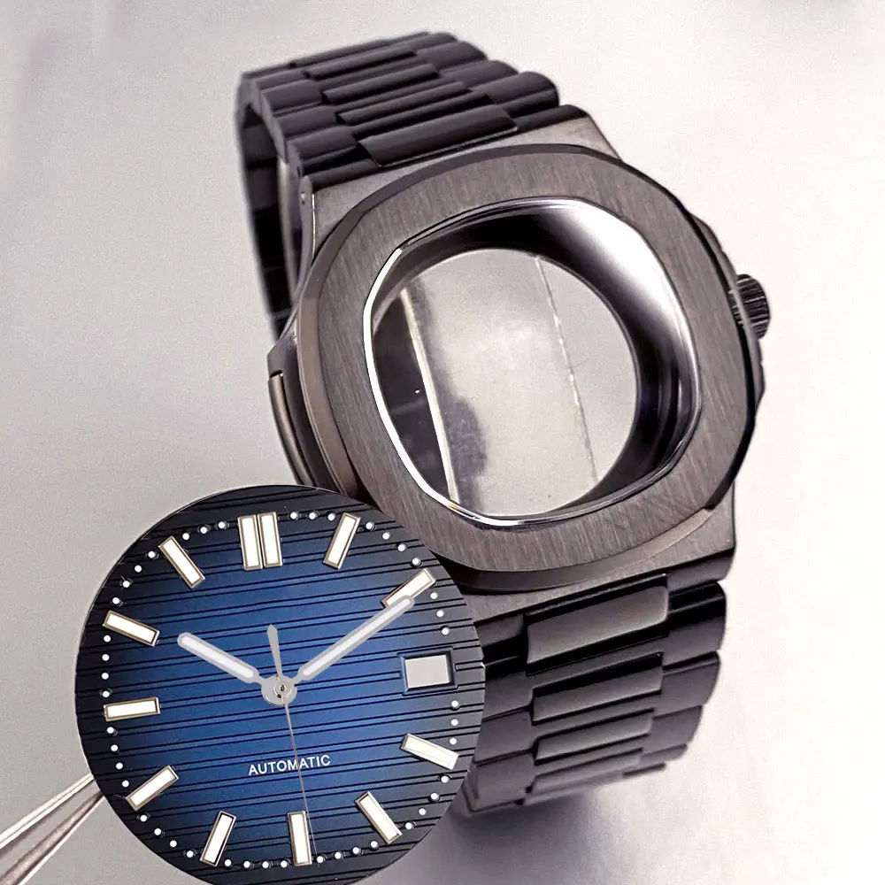 

40mm Full Black PVD Coated Square Watch Parts Case Solid/Glass Back 10ATM Sapphire Glass Nologo Pinstripe Dial Set Fit NH35 NH36