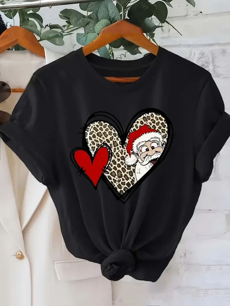 

Fun leopard print love pattern Santa Claus 3D printed women's short sleeved T-shirt fashion Santa Claus holiday women's clothing