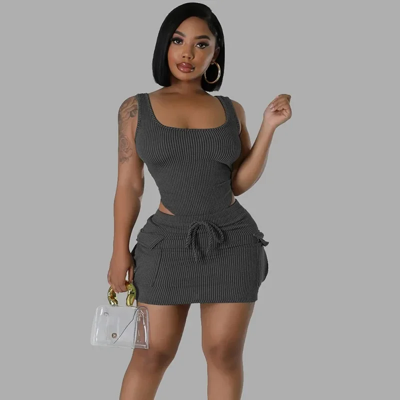 Knitted Ribbed 2 Piece Summer Sets Outfits Women Clothing Tank Bodycon Bodysuit Top and Mini Skirt with Pockets Matching Sets