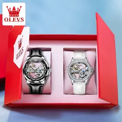 OLEVS Couple Watches  Transparent Hollow Dial Fashion Leather Wristwatch His and Her Watch Exquisite Set Box Anniversary Gift