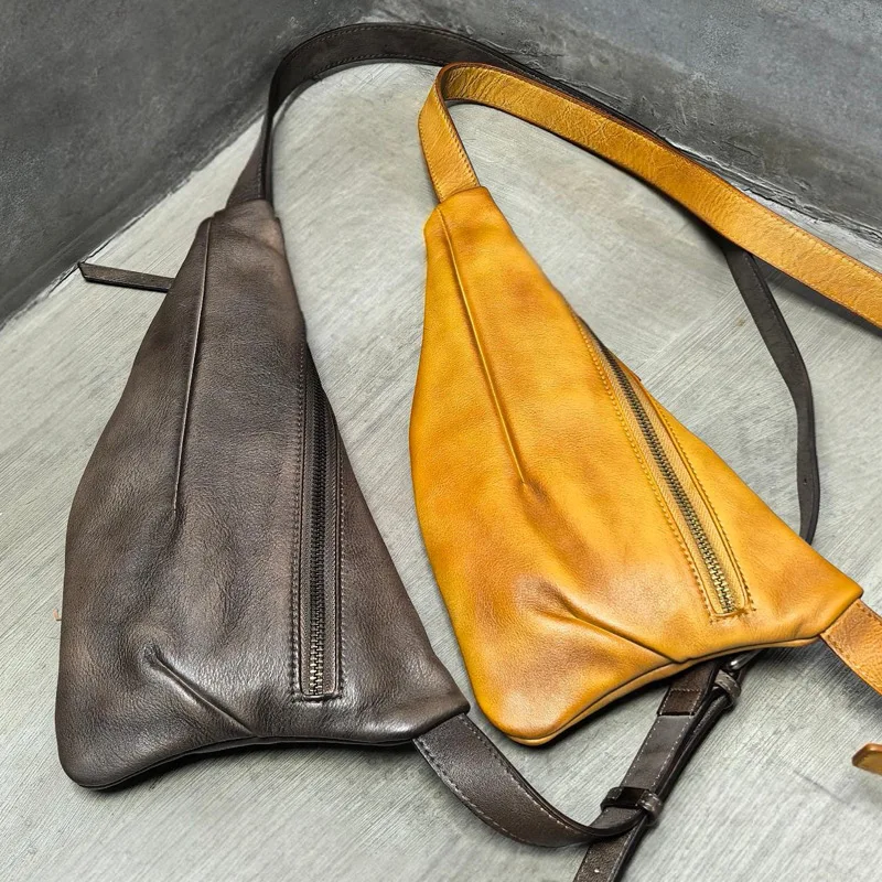 RuilNew Handmade WoMen's Retro Chest Bag Genuine Cowhide Leather Male Crossbody Bags For WoMen Backpack Crossbody Messenger Bags