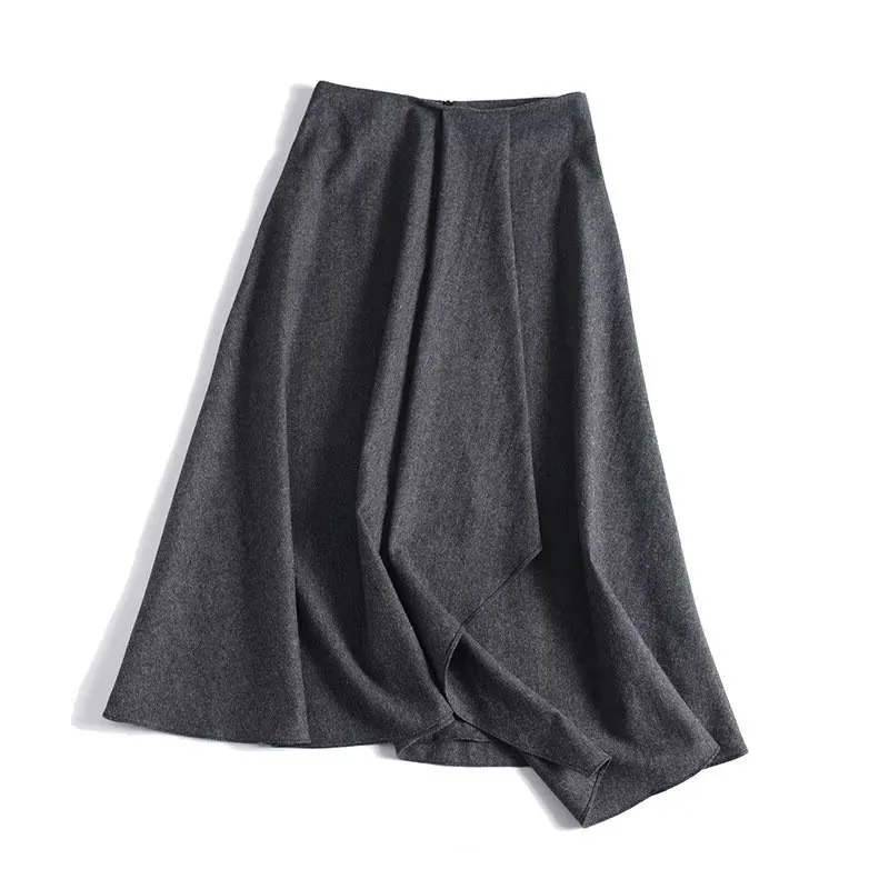 Maxdutti Southern French Retro 50% Wool Blend Skirt Minimalist Women's Gray Commuting Fashion Irregular Skirt Mid Length Skirt