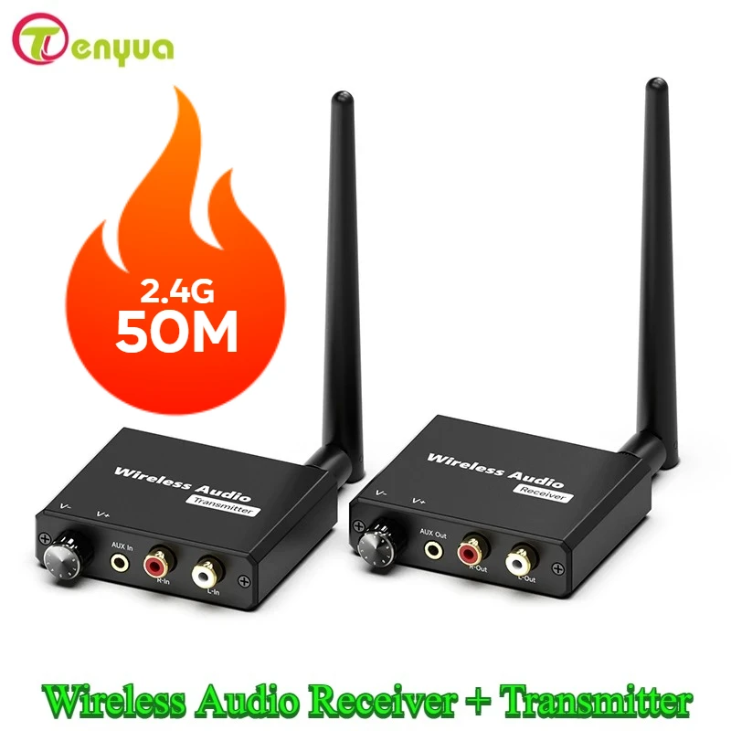 

50M 2.4G Wireless Transmitter Receiver Digital to Audio Analog Converter with 3.5MM RCA Jack For Amplifier Speaker TV Box DVD PC