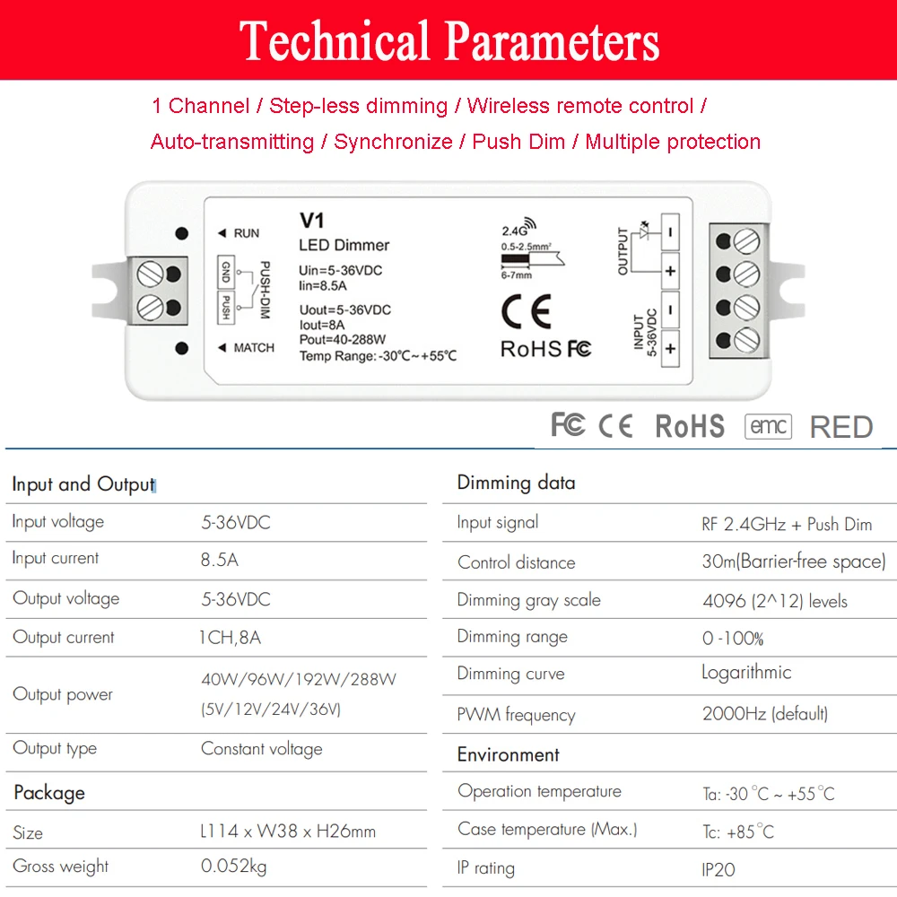 LED CV Controller DC 5V 12V 24V 36V Dimmer With Push Dimming  Fade Mode Auto-transmitting Function 1CH 8A for WW CW NW LED Strip