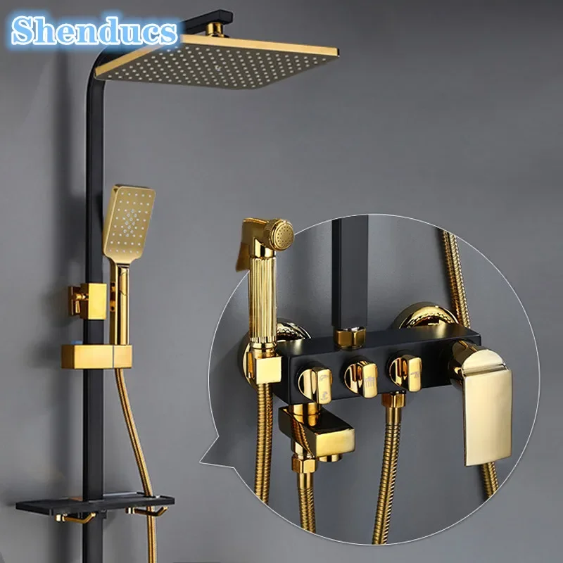 

Black Gold Bathroom Shower Set 12 Inch Rainfall Shower Head Brass Bathroom Faucet Accessories Hot Cold Bathroom Shower System