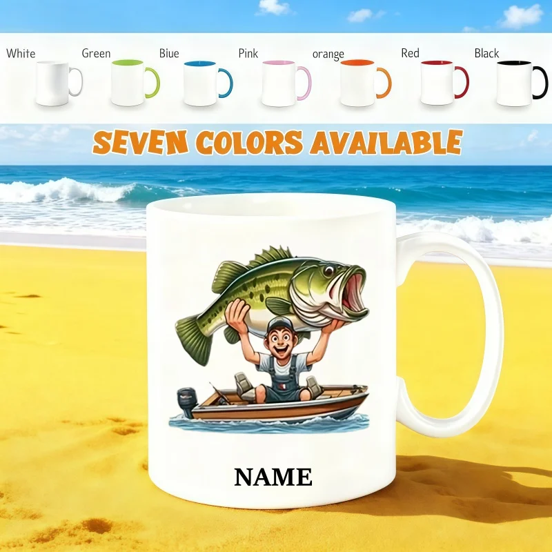 Customizable Name Fishing Mug - Features a Joyful Angler Holding a Huge Largemouth Bass in a Small Boat - Dishwasher Safe