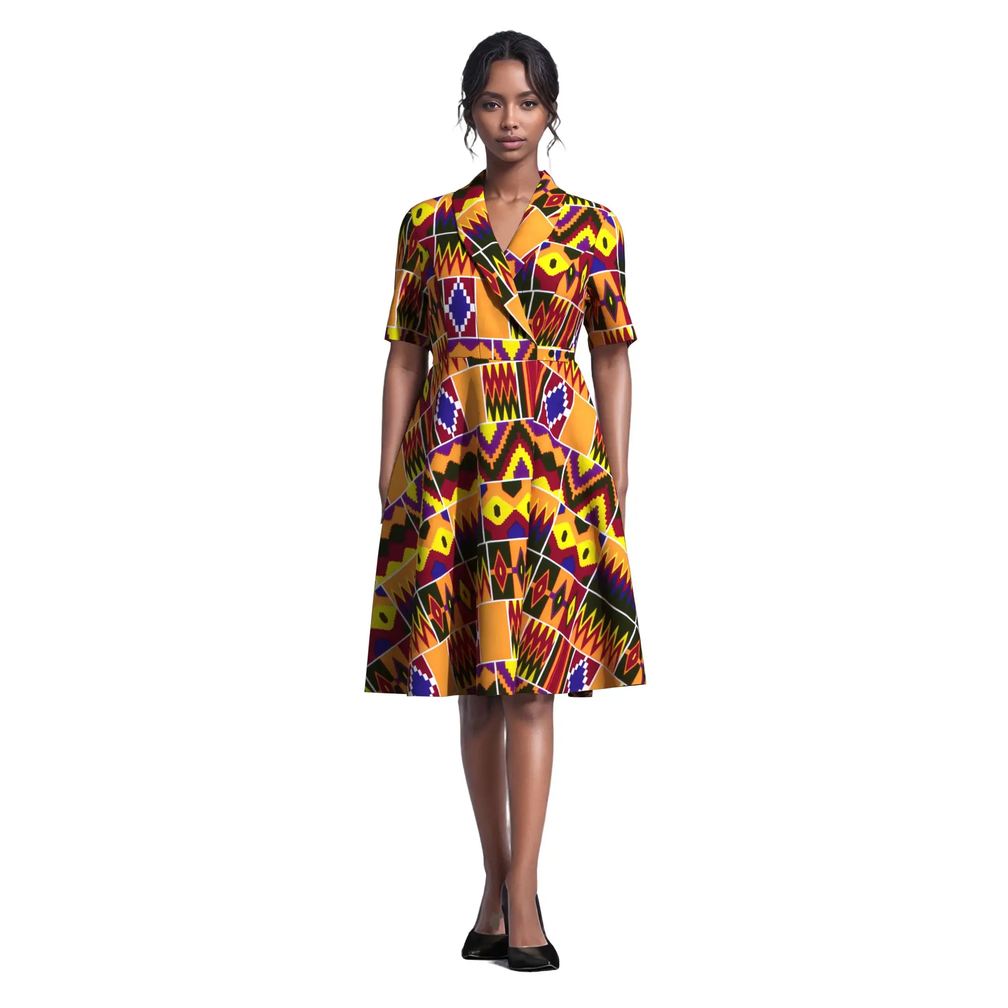 African Wax Print Midi Dress, Short Sleeve Lapel V-neck, Adjustable Waist Button, Vibrant Floral A-line Dress  WY10606