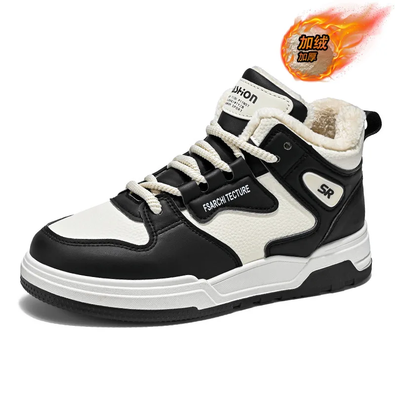 

2025 Winter Men's High-Top Furry White Sneakers Chunky Sole Thermal Cotton Shoes Fashion Casual Sports Shoes