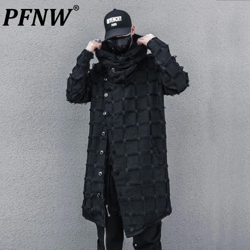 PFNW Men's Autumn New Windbreaker Darkwear Irregular Gothic Mid Length High Neck Scarf Hooded Tide Chic Trendy Punk Coat 12Z5072