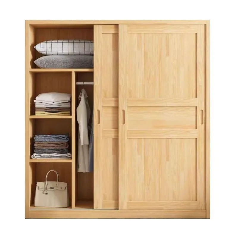 All solid wood wardrobe household bedroom sliding door pine sliding door simple wardrobe rental room log cabinet
