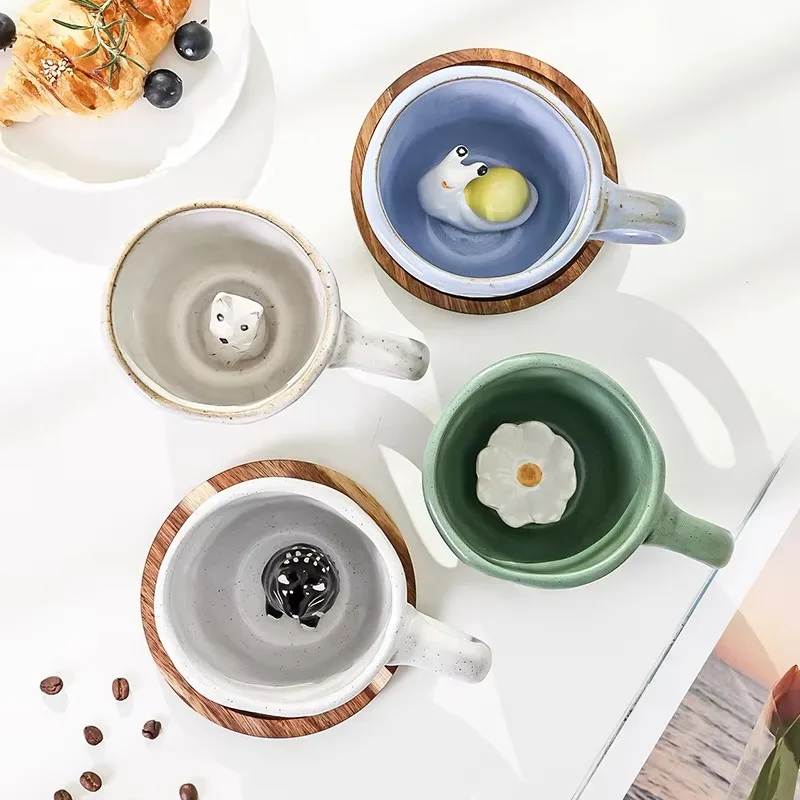 3D Cat Ceramic Mug with Animal Inside, Dog Figurine, Coffee Cup, Tea Milk Cups, Funny Cartoon Animal, Unique Birthday Gift