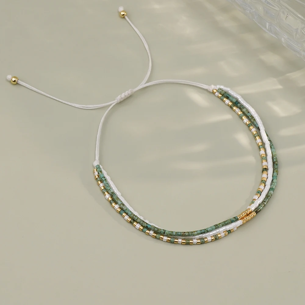 1pc vintage Bohemian style copper bead mixed color glass bead three circle adjustable bracelet suitable for daily gift giving