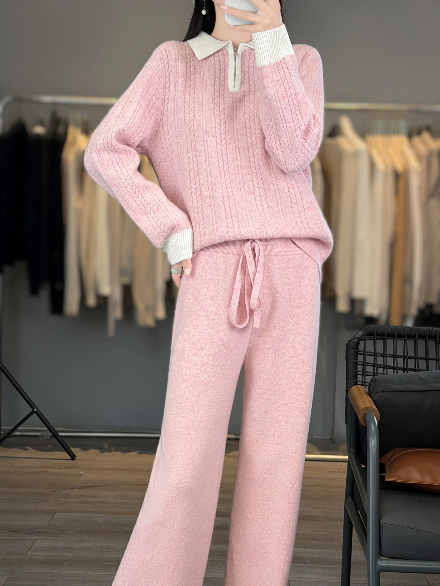 100% Merino Wool Women's Polo Collar Color-Block Cable Knit Set Autumn Winter Casual Fashion Youth Cashmere Knit