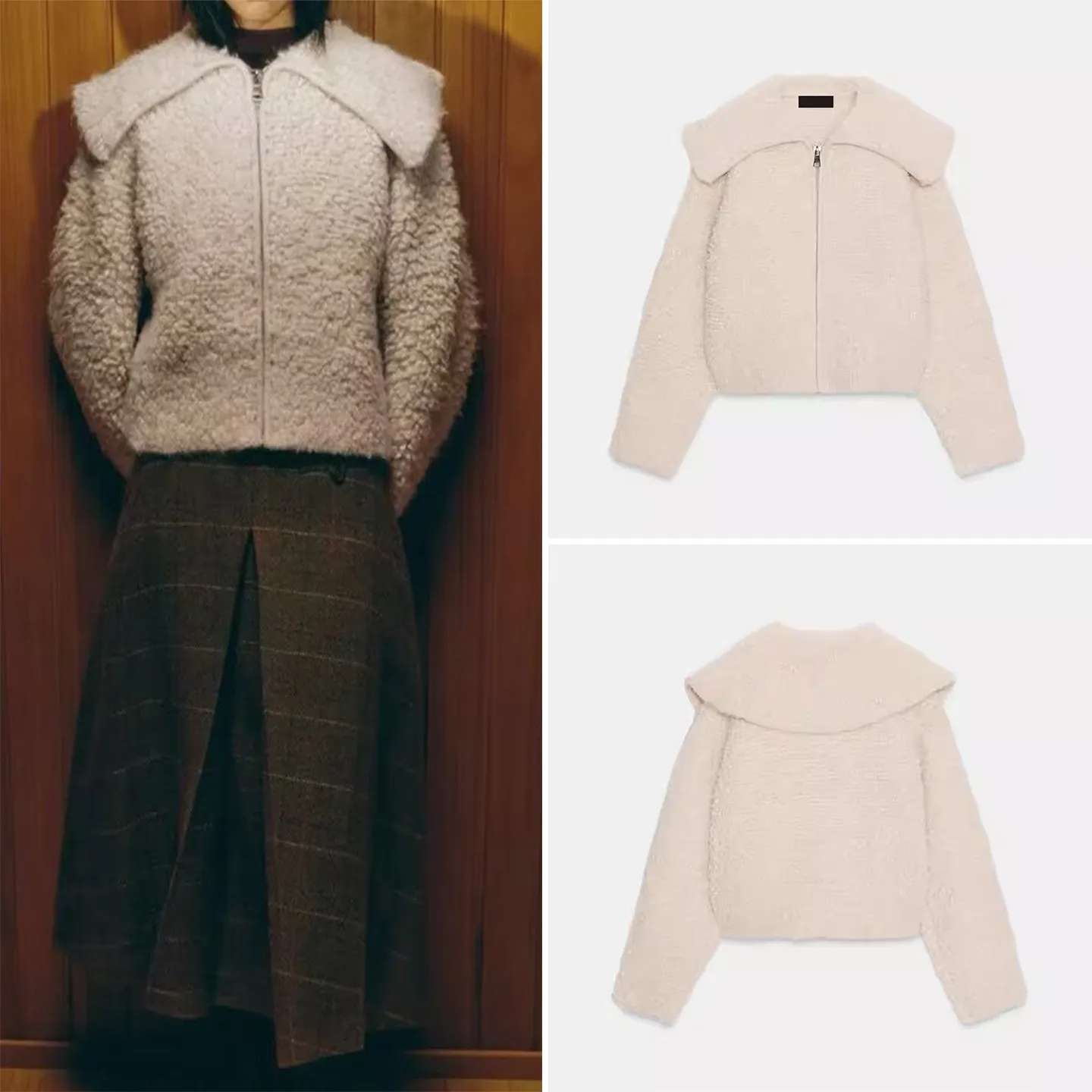 

Зимнее женское вязаное пальто из искусственного меха с жемчугом, с большим воротником, на молнии, свободного кроя, короткая верхняя одежда, бренд Z, коллекция Зима 2025