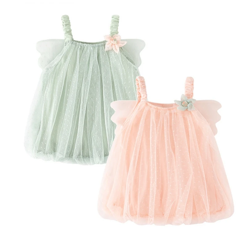 Summer Toddler Wings Flowers Mesh Slip Dress for Princess Baby Girls Dresses