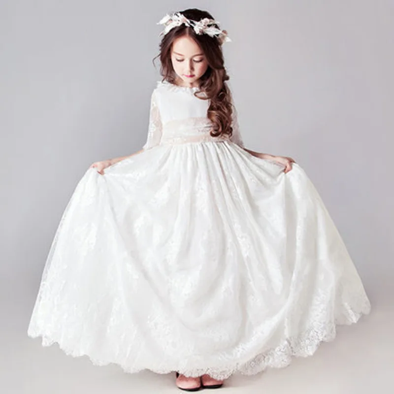 Long White Dresses for Kids Girls Princess Elegant Wedding Guest Children Bridesmaid Lace Dress Party Evening Gown 3 6 14 Years